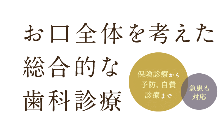 お口全体を考えた総合的な歯科診療。保険診療から予防・自費診療まで。急患も対応