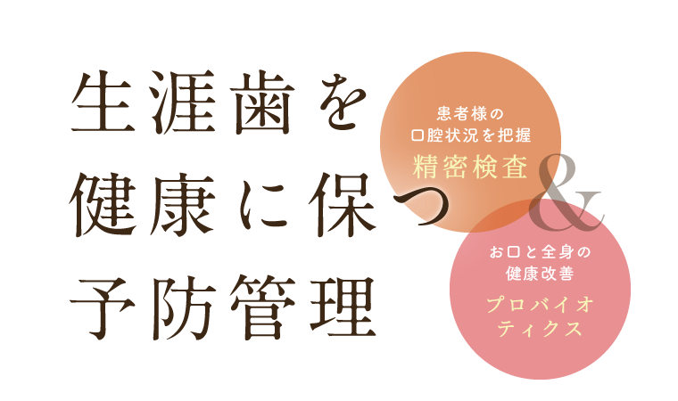 生涯歯を健康に保つ予防管理。患者様の口腔状況を把握「精密検査」、お口と全身の健康を改善する「プロバイオティクス」